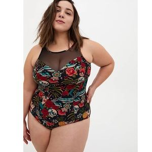 Torrid Floral Skull One Piece Swimsuit - Black and Red
